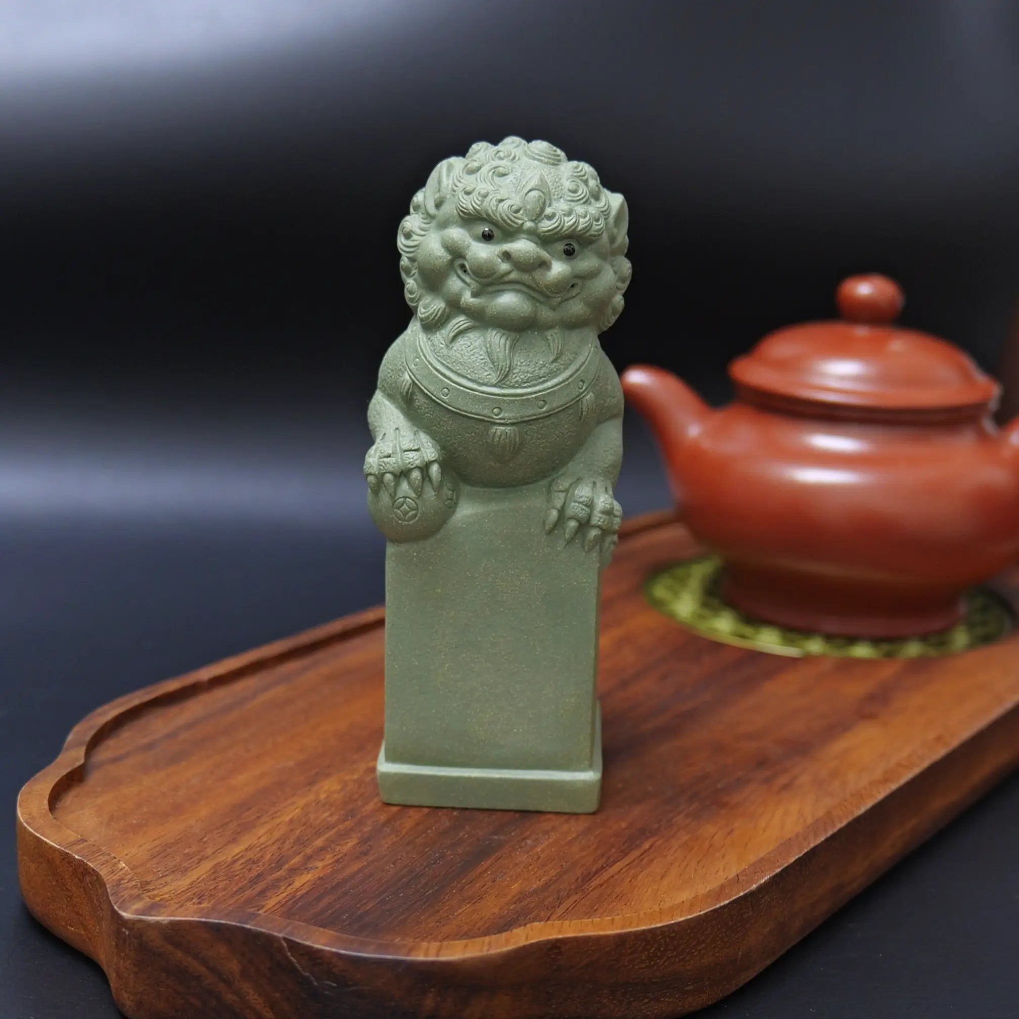 Yixing Zisha Light Green Handmade Lion with Ball Tea Pet (Auspicious Guardian Style)