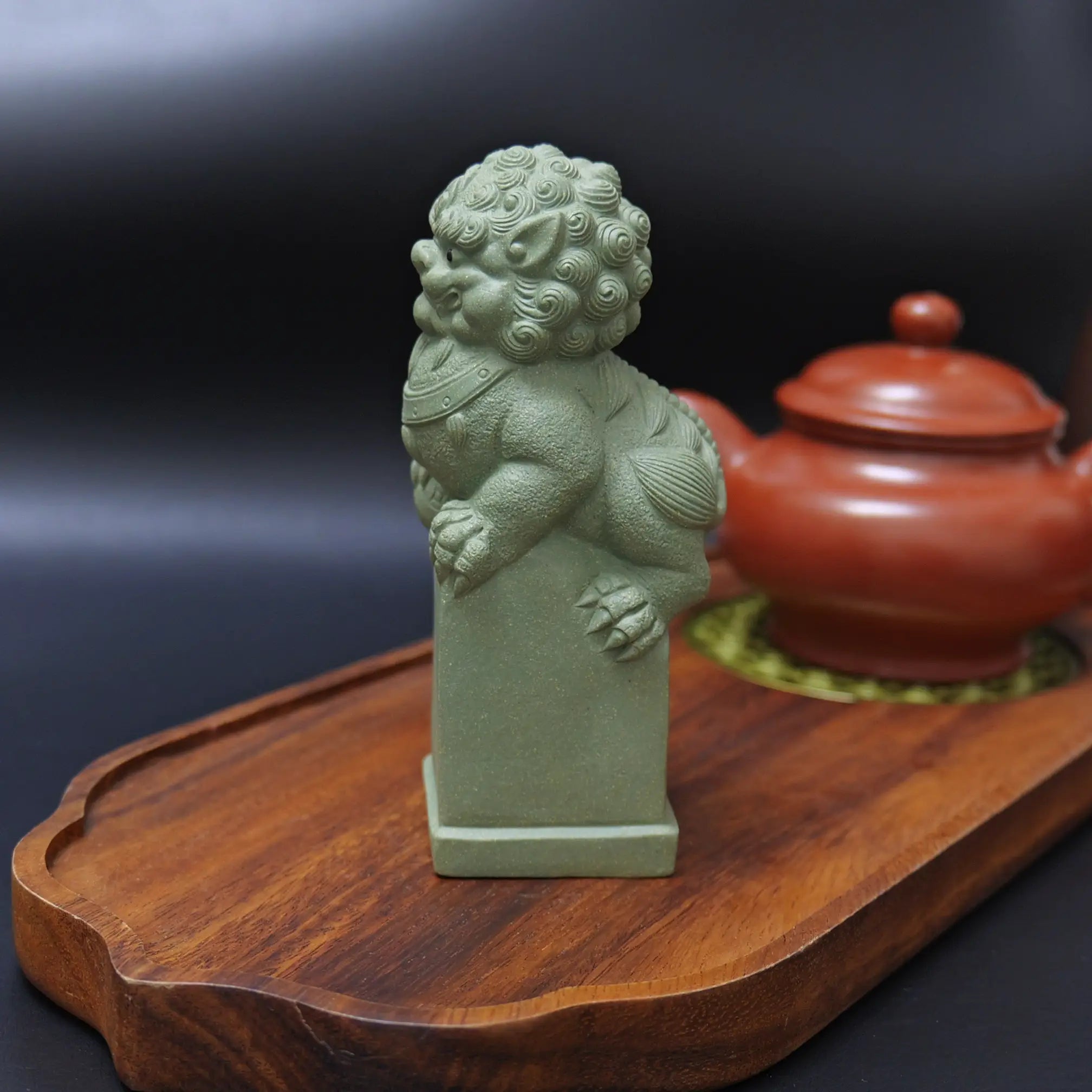 Yixing Zisha Light Green Handmade Lion with Ball Tea Pet (Auspicious Guardian Style)