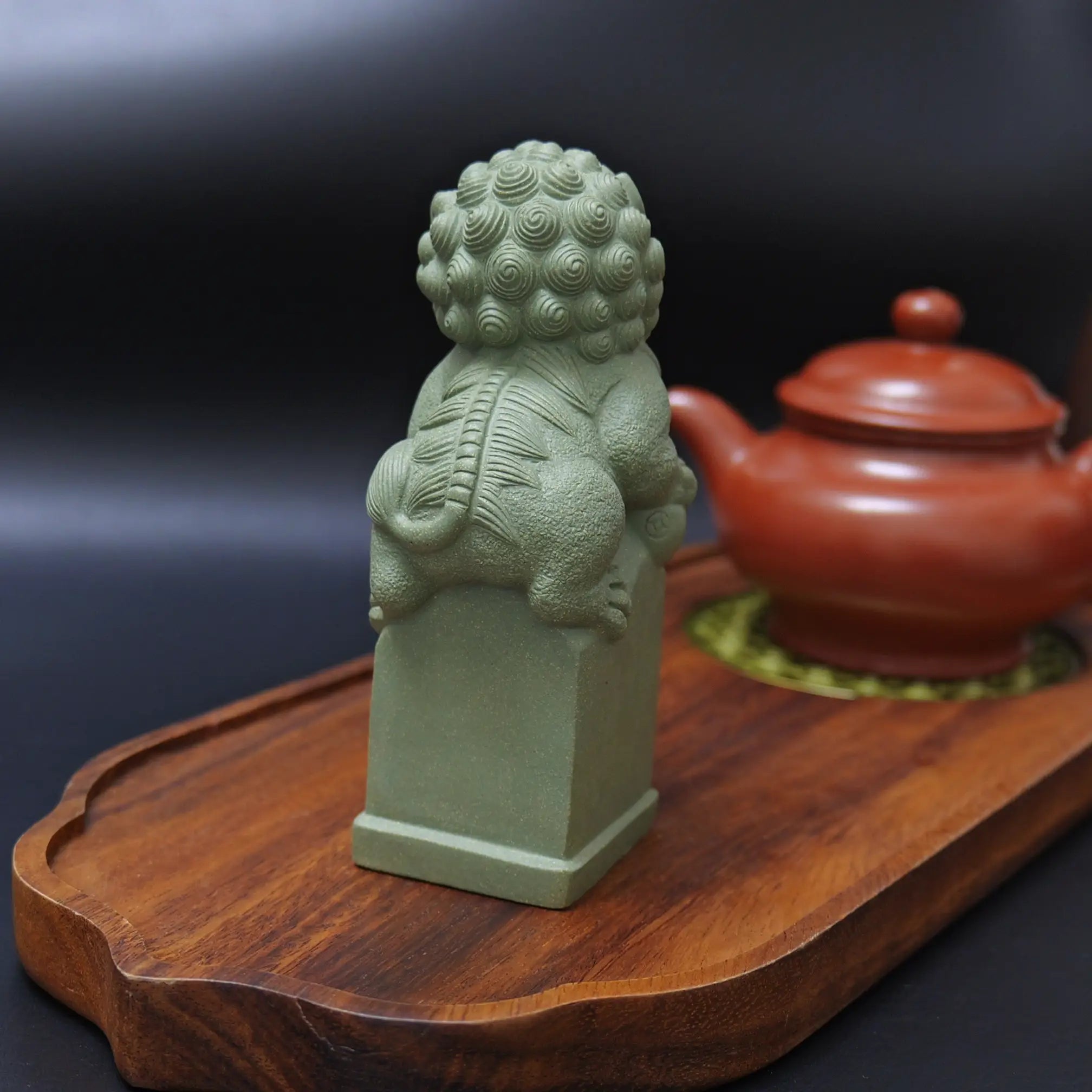 Yixing Zisha Light Green Handmade Lion with Ball Tea Pet (Auspicious Guardian Style)