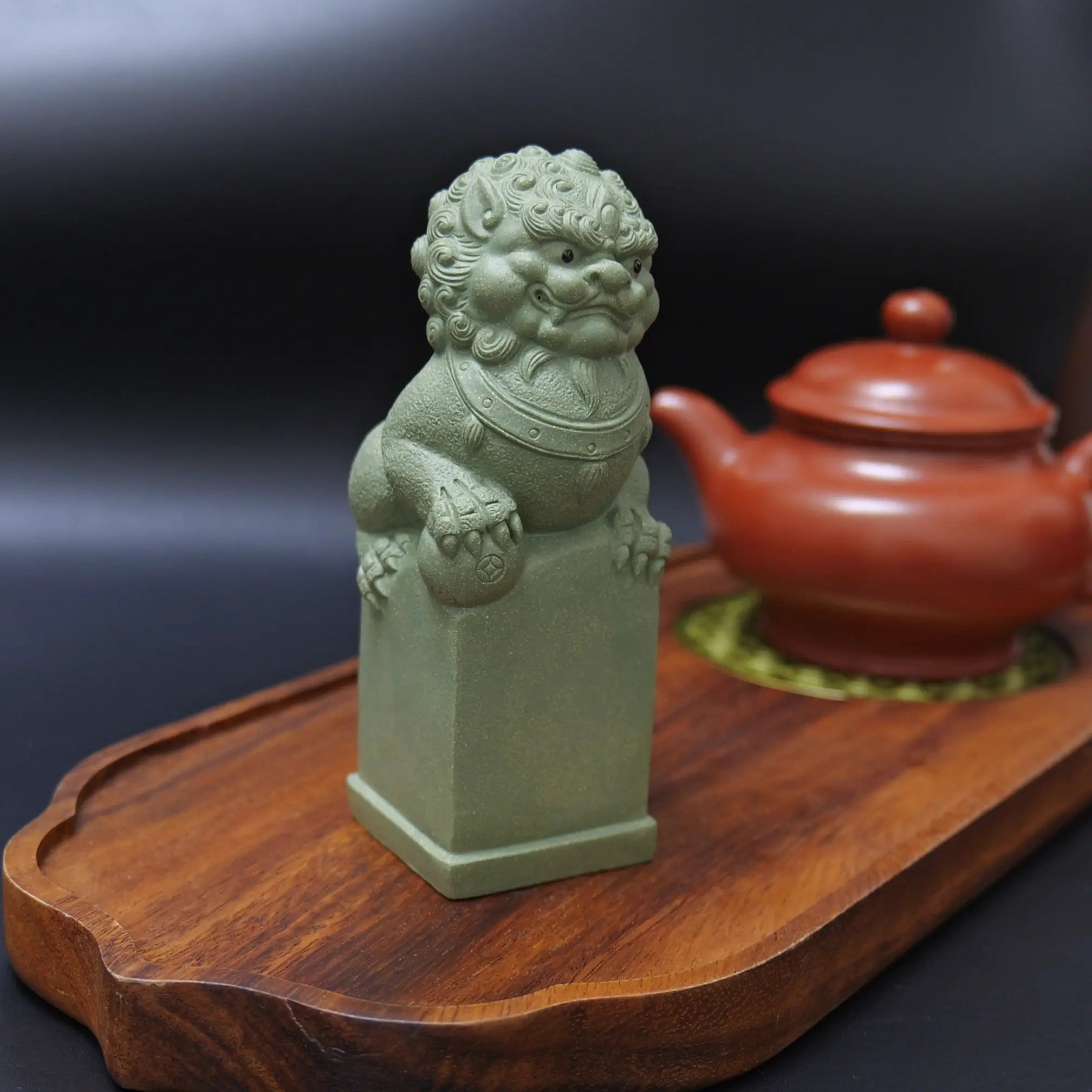 Yixing Zisha Light Green Handmade Lion with Ball Tea Pet (Auspicious Guardian Style)