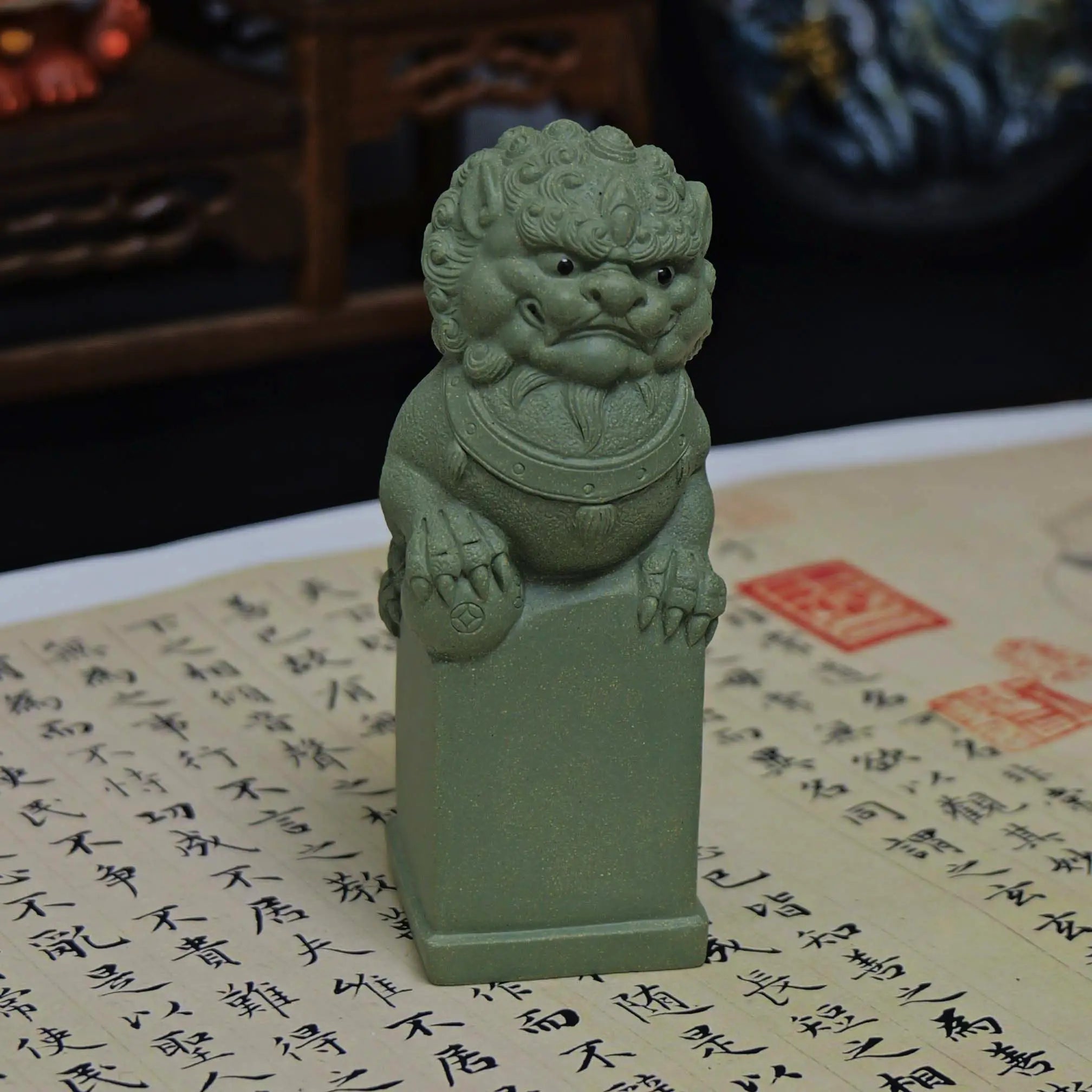Yixing Zisha Light Green Handmade Lion with Ball Tea Pet (Auspicious Guardian Style)