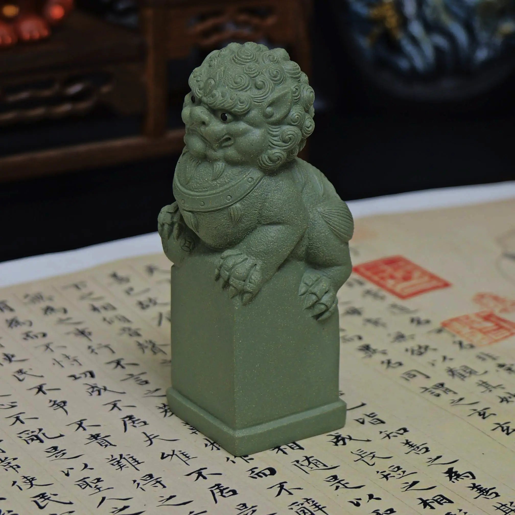 Yixing Zisha Light Green Handmade Lion with Ball Tea Pet (Auspicious Guardian Style)