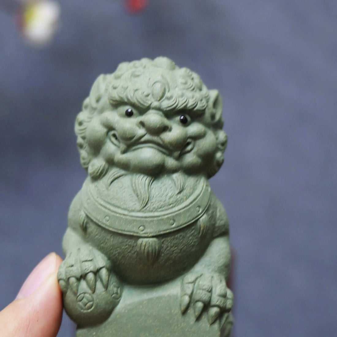 Yixing Zisha Light Green Handmade Lion with Ball Tea Pet (Auspicious Guardian Style)