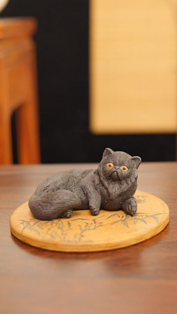 black lion cat handmade pottery figurine decor (tea pet) made by yixing purple clay
