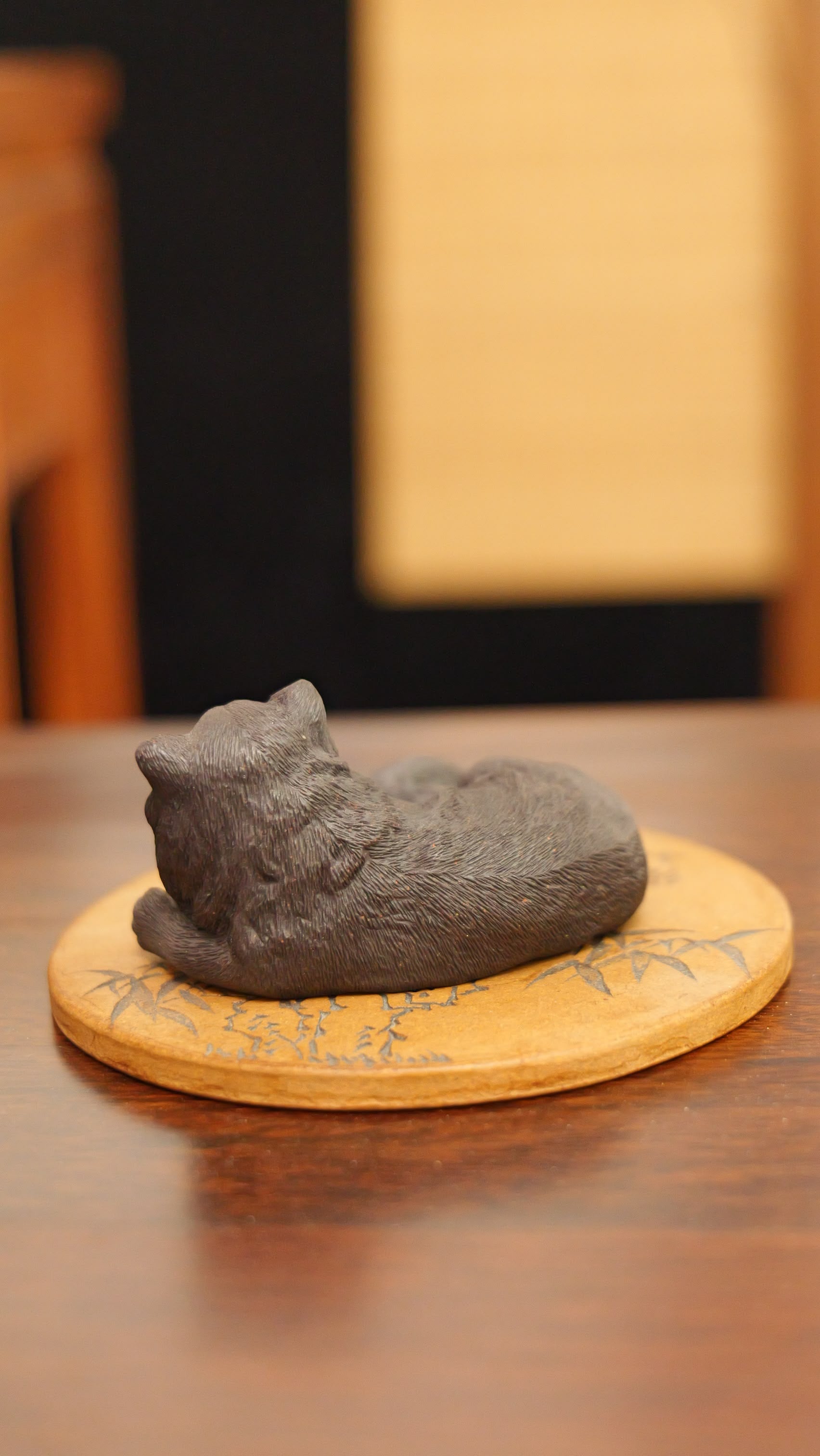 black lion cat handmade pottery figurine decor (tea pet) made by yixing purple clay