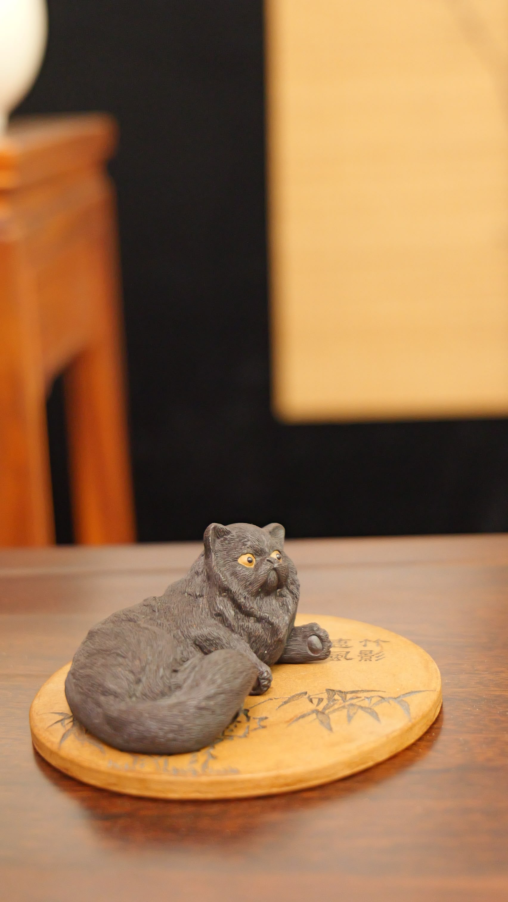 black lion cat handmade pottery figurine decor (tea pet) made by yixing purple clay