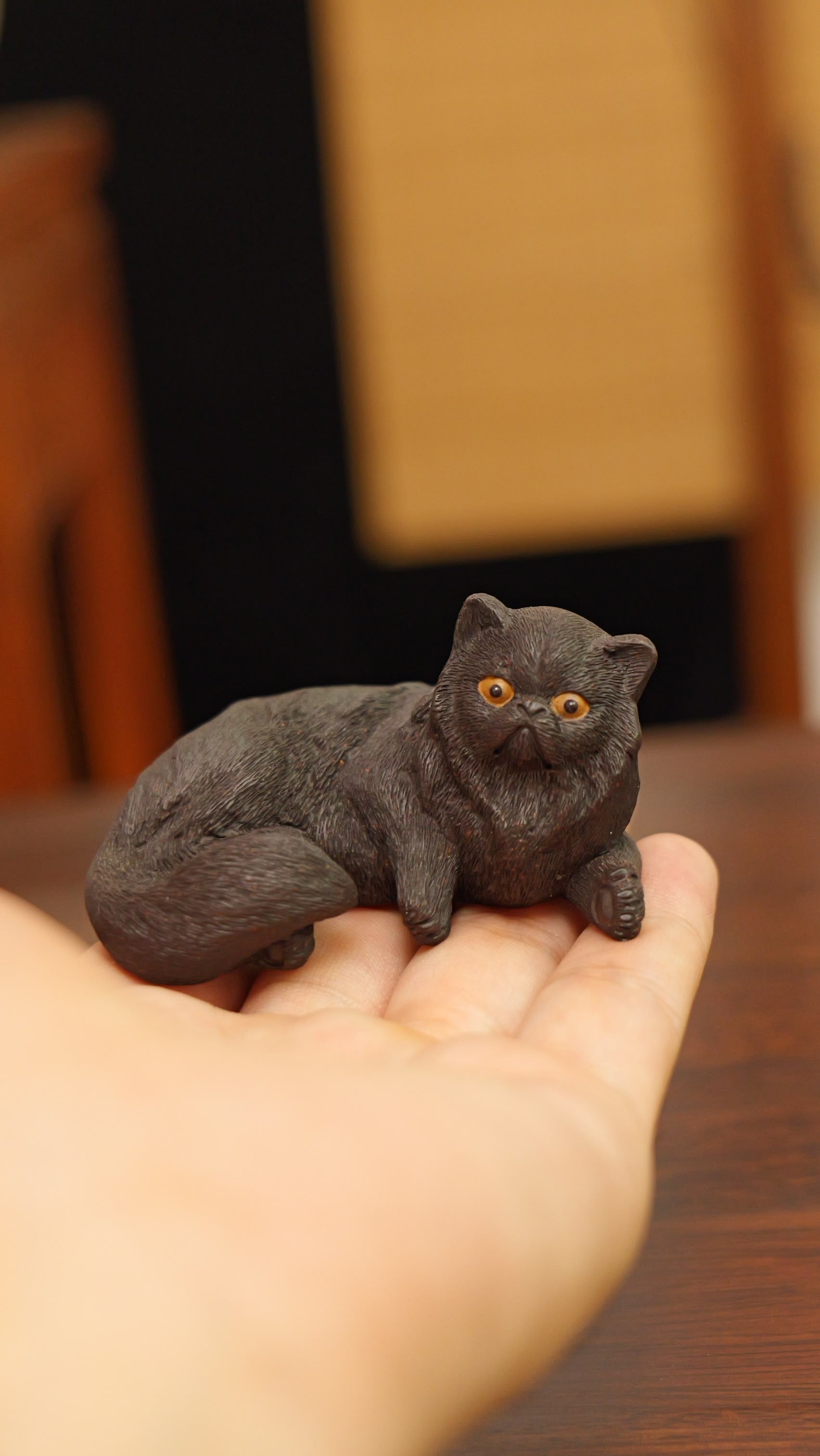 black lion cat handmade pottery figurine decor (tea pet) made by yixing purple clay