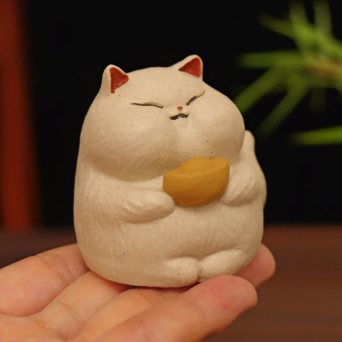 Lucky White Cat Tea Pet Holding Gold Ingot
