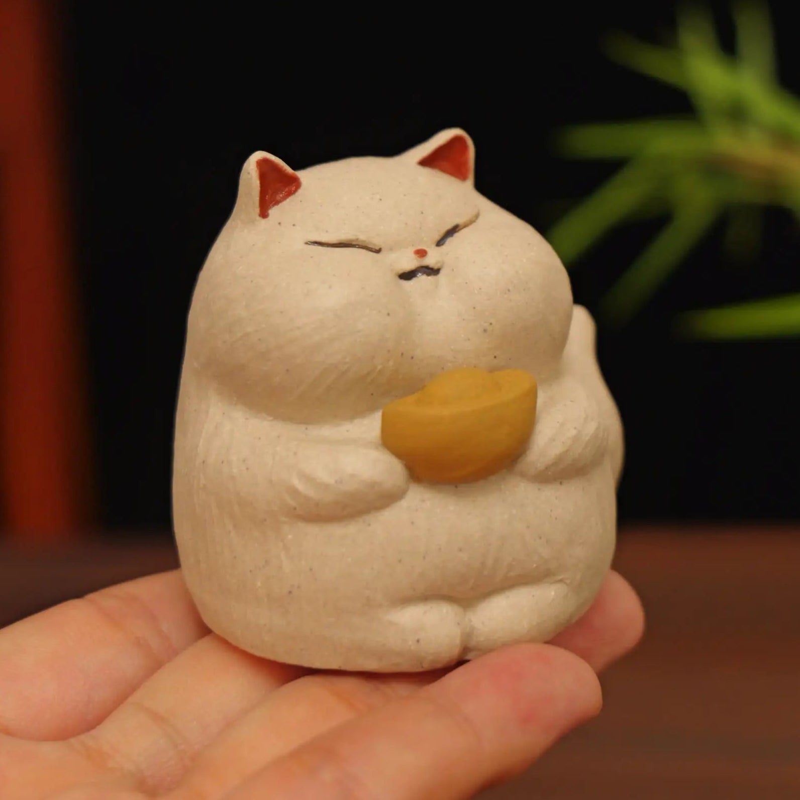 Lucky White Cat Tea Pet Holding Gold Ingot